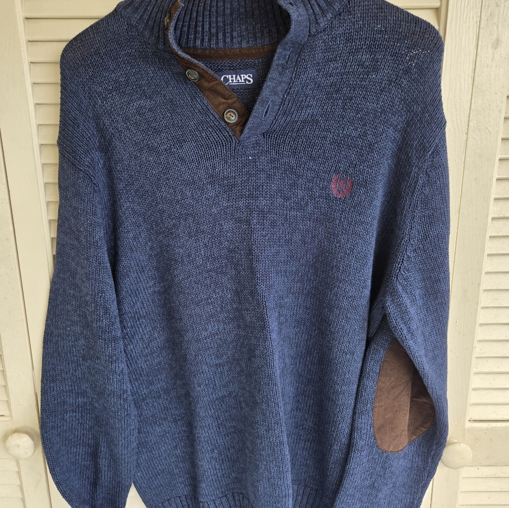 Chaps Mens Blue Sweater Faux Leather Elbow Patches 100% Cotton Academia Preppy